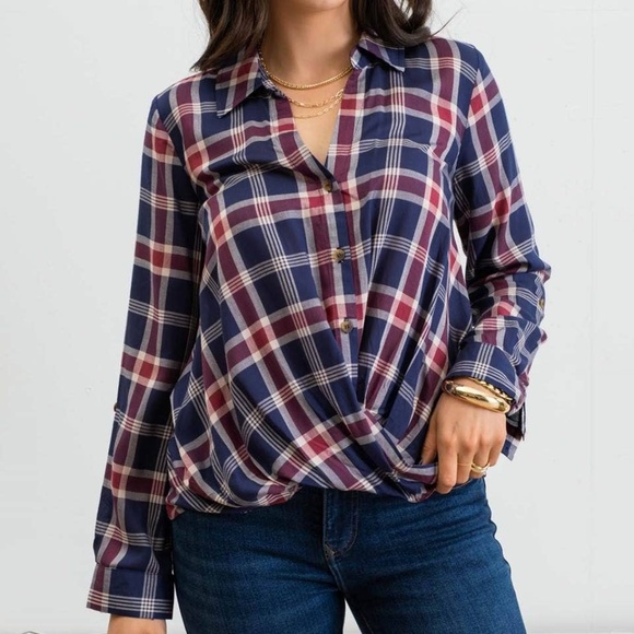 Blu Pepper Blue and Red PLAID BUTTON DOWN WRAP FRONT TOP - Picture 1 of 4